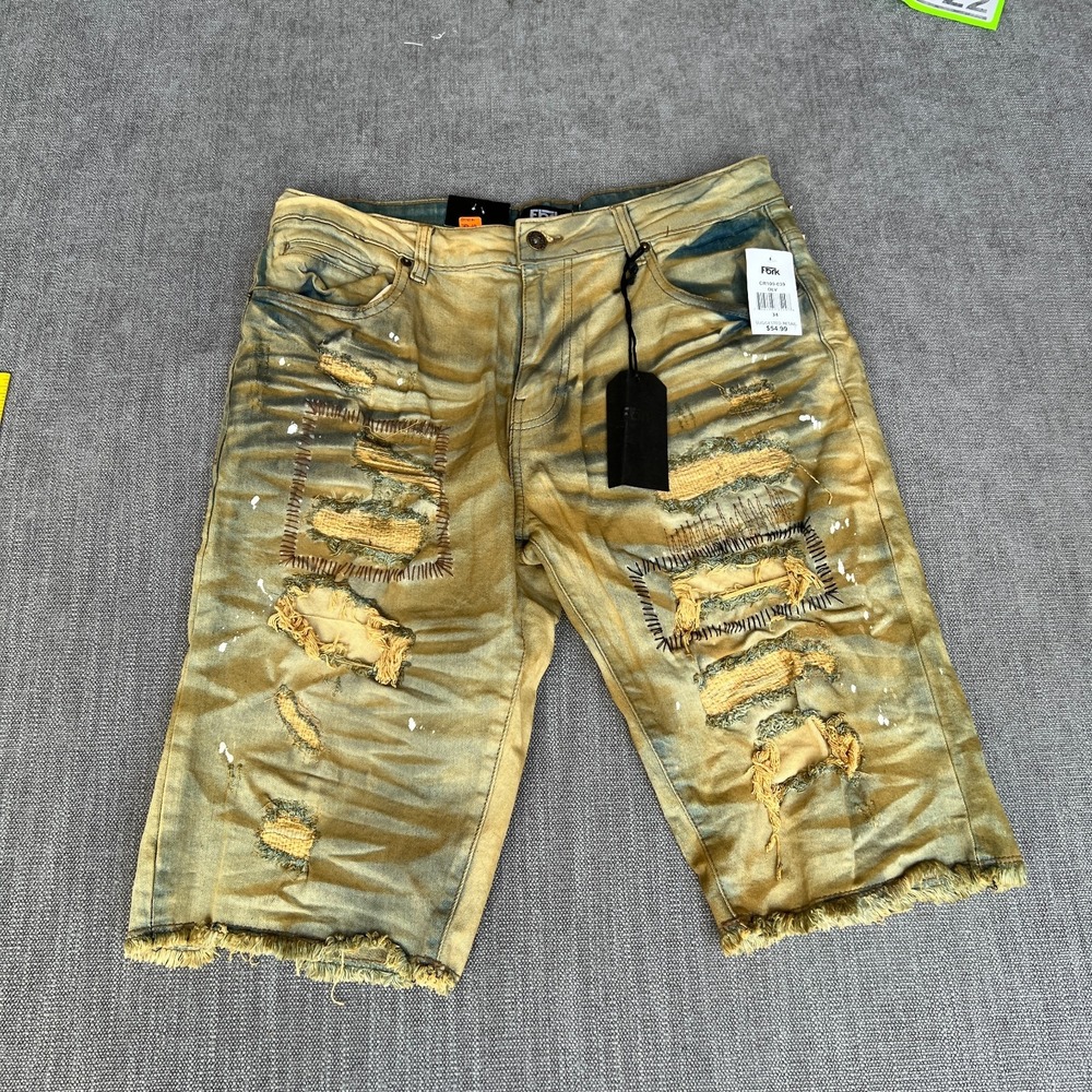 Fork Denim Shorts Mens 34 Olive Green Acid Wash Distressed Raw Ankle Patchwork